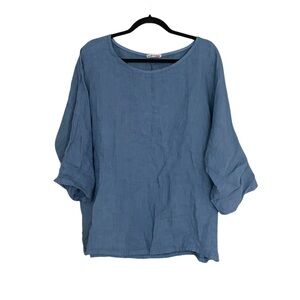 MADE IN ITALY Oversized Linen Lagenlook Popover Blouse Blue L